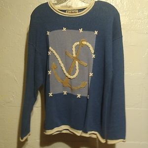 Timber lea large blue white and gold long sleeve sweater anchor on front